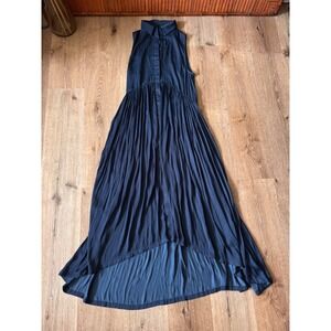Ruti Sleeveless Navy Blue Pleated Maxi Dress Collar Front Button Size 2